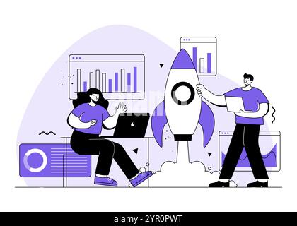 Business people launching new business ideas, products or services, Rocket icon, Business strategy, Analytics and brainstorming, Entrepreneurship, bus Stock Vector