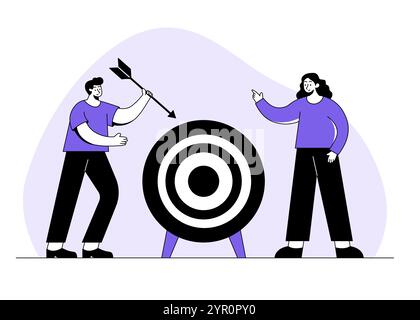 Target achieving concept flat vector illustration, Goal achievement, Hit the target, Employees engage in company goals, Teamwork, People working toget Stock Vector