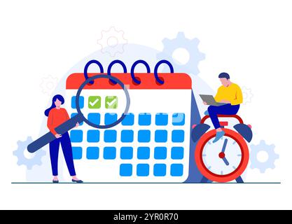 Schedule management, Planning day, Employee planning work tasks, Planning and organizing upcoming tasks using a calendar, Time management, and Complet Stock Vector