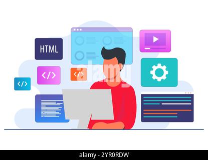 Man working as programmer, Writing code using laptop, Website developer, Coding software on computer screen flat illustration vector template Stock Vector
