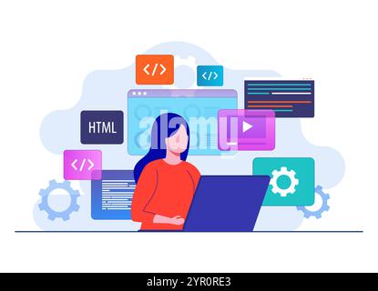 Woman working as programmer, Writing code using laptop, Website developer, Coding software elements on background flat illustration vector template Stock Vector