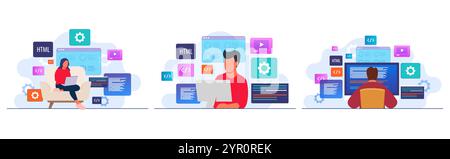 Set of programming and coding flat illustration vector templates, People working as programmer, Writing code using laptop and computer, Website develo Stock Vector