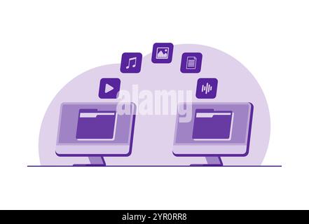 File transfer concept, Backup data, Data transfer between two computers, document save on storage, Cloud technology, File upload, and download flat ve Stock Vector