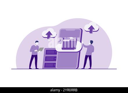 Cloud data storage and security flat illustration, People upload folders and transfer backup files to digital database services, Cyber security, Datab Stock Vector