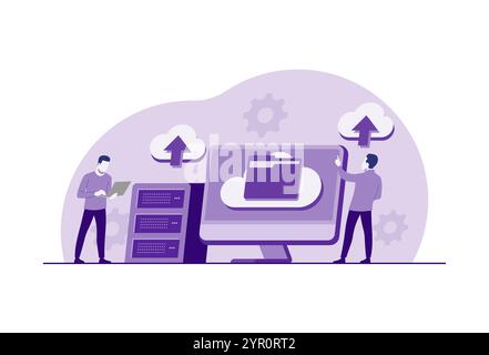 Cloud data storage and security flat illustration, People upload folders and transfer backup files to digital database services, Cyber security, Datab Stock Vector