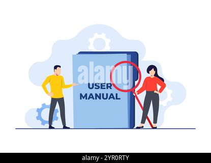 Characters checking user manual book, Handbook, Guidebook, instruction book, Customer guide, Useful information, Technical document, Help, Specificati Stock Vector