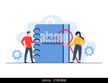 Characters checking user manual book, Handbook, Guidebook, instruction book, Customer guide, Useful information, Technical document, Help, Specificati Stock Vector
