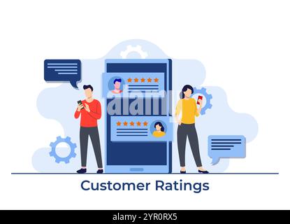 Application feedback concept, Users leaving good ratings and reviews on smartphone screen, Happy clients giving positive feedbacks flat illustration v Stock Vector