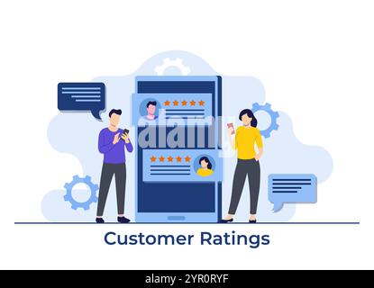 Application feedback concept, Users leaving good ratings and reviews on smartphone screen, Happy clients giving positive feedbacks flat illustration v Stock Vector