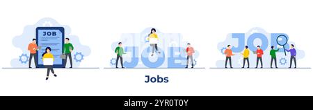 Set of job search flat illustrations, Unemployed or job candidates seeking job opportunities, Recruitment, HR, Hiring employees concepts for landing p Stock Vector