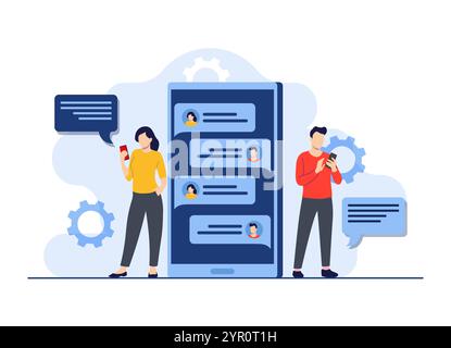 Two characters communicating on an online chatting platform, Texting on mobile phone, communication, Dialog, Internet chatting concept, man and woman Stock Vector