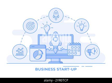 Startup business project thin line flat vector illustration infographic, Business development, Business strategy, analytics for landing page, web bann Stock Vector