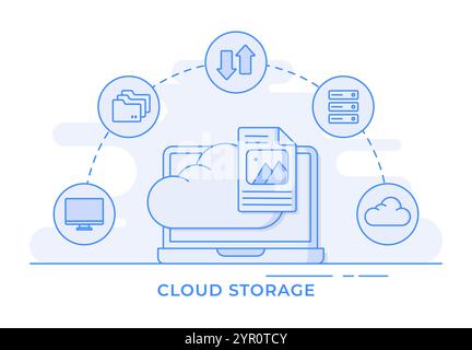 Cloud computing thin line flat vector illustration infographic, Data storage, Hosting, Connection, Server, For landing page, web banner, web design, p Stock Vector