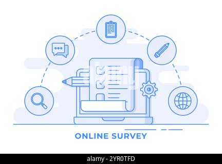 Online survey thin line vector flat illustration for landing page, web banner, mobile application, Web design user interface, ui/ux Stock Vector