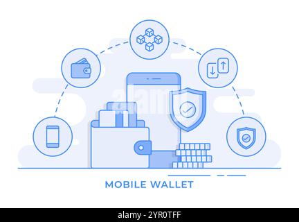 mobile wallet, digital wallet, e-wallet concept thin line flat illustration infographic for landing page, banner, mobile app, Web design, ui/ux Stock Vector