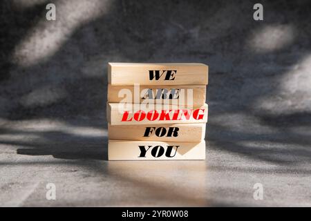 We are looking for you symbol. Wooden blocks with words We are looking for you. Beautiful sunlit grey background. Business and We are looking for your Stock Photo