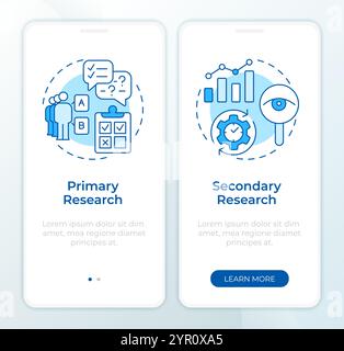 Main market research types blue onboarding mobile app screen Stock Vector