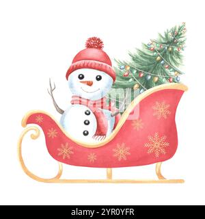 Christmas tree with garland in a sleigh and the snowman. Santa Claus carriage with snowflakes pattern. Hand drawn watercolor illustration isolated Stock Photo