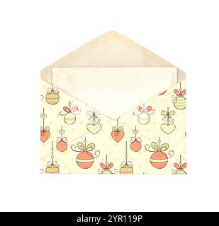 Font view of vintage opened paper envelope with Christmas pattern and retro card inside. Old letter in shabby chic style and blank card. Isolated on w Stock Photo