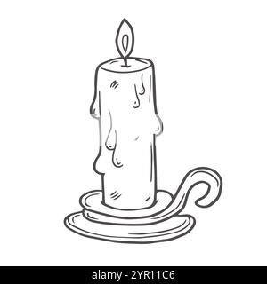 Candle Holder vector illustration. Vintage Candlestick. Old candleholder for painted by black inks in etching style. Drawing of antique lamp with cand Stock Vector