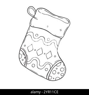 Collection of black and white Christmas stockings with ornament (socks for gifts) and snowflakes in doodle hand draw style. Simple set of design eleme Stock Vector