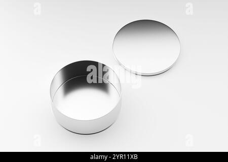 Opened round aluminum metal tin box on white background. Template mockup for product display and placement. High angle view. 3D render. Stock Photo