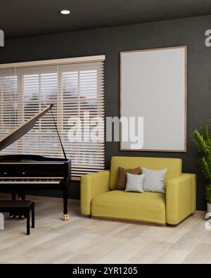 The interior of a contemporary living room features a vibrant yellow sofa, a picture frame mockup on a dark grey wall, a parquet floor, and a piano by Stock Photo