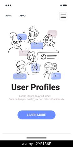 User profiles concept with hand drawn people and chat bubbles on a mobile app screen in minimalist style Stock Vector