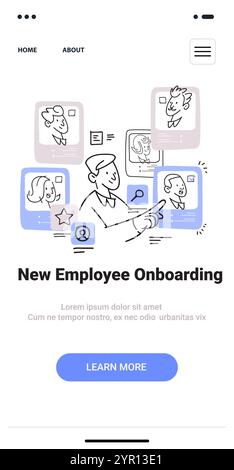 New employee onboarding concept with hand-drawn style featuring a person interacting with digital profiles on a mobile application screen Stock Vector