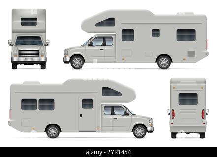 Recreational vehicle vector mockup. Isolated template of camper van in white for vehicle branding, corporate identity. Easy editing and recolor Stock Vector