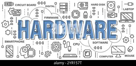 Hardware . Word with line icon art banner style . Editable stroke . Vector . Stock Vector