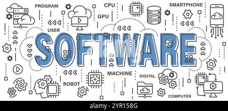Software . Word with line icon art banner style . Editable stroke . Vector . Stock Vector