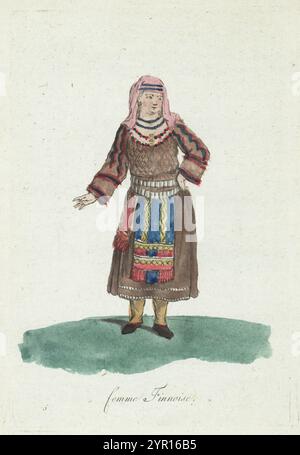Festival costume of a Finnish peasant woman, 18th century. She wears a dress of coarse walmar Festival costume of a Finnish peasant woman, 18th century. She wears a dress of coarse walmar