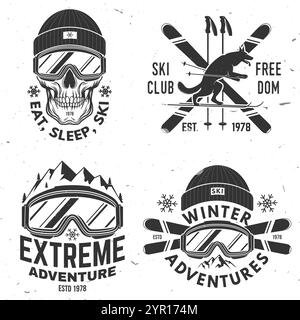 Set of ski winter sport retro badge. Vector. Concept for shirt, print, seal or stamp with ski glasses, skull skeleton in winter sport hat, wolf Stock Vector