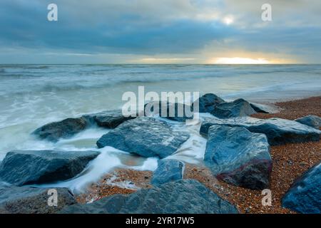 Sunset on Shoreham beach in West Sussex, England. Stock Photo