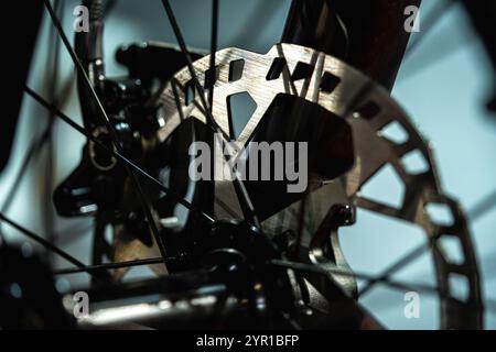 Metal disc brake detail on mountain bicycle. Stock Photo