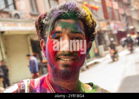 Enjoying colorful Holi festival, Kathmandu, Nepal Stock Photo