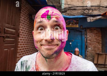 Enjoying colorful Holi festival, Kathmandu, Nepal Stock Photo