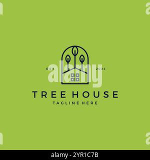 Tree House Line Logo Vector. Organic Home Design Stock Vector