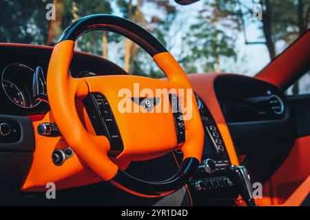 Kiev, Ukraine - April 9, 2014:  Bentley Continental GT Race Mansory. Car interior luxury. Car interior details Stock Photo