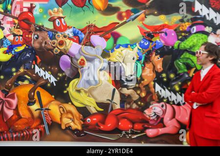 Saatchi Gallery London, UK. 02nd Dec, 2024. In this solo show, Philip Colbert's iconic lobster travels through time and clashes with AI in reimagined historical battle scenes. The exhibition centres on two monumental AI-assisted paintings in which Colbert's lobster faces off with the tech world. Until 13 Jan 2025, Credit: Paul Quezada-Neiman/Alamy Live News Stock Photo