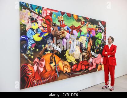 Saatchi Gallery London, UK. 02nd Dec, 2024. In this solo show, Philip Colbert's iconic lobster travels through time and clashes with AI in reimagined historical battle scenes. The exhibition centres on two monumental AI-assisted paintings in which Colbert's lobster faces off with the tech world. Until 13 Jan 2025, Credit: Paul Quezada-Neiman/Alamy Live News Stock Photo