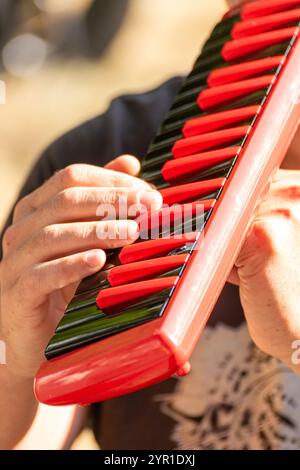 detail view, fingers of a musician playing a melodic flute, musical concept background Stock Photo