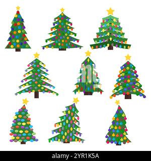 Set of nine christmas trees with Christmas balls and a stars on the top. Vector illustration. Stock Vector