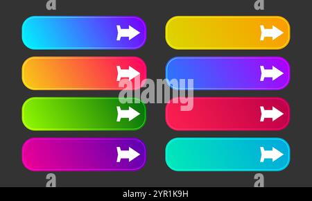 Colorful gradient buttons with arrows. Set of eight modern abstract web buttons. Vector illustration Stock Vector