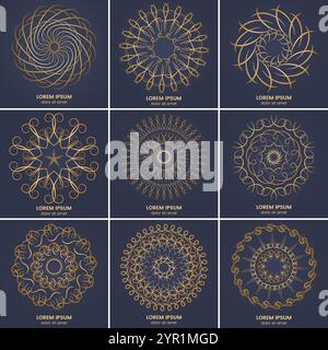 Set of nine vintage geometric circular elements. Vector gold monogram ...