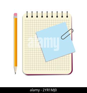 Notebook with blue notice paper and yellow pencil on a white background Stock Vector