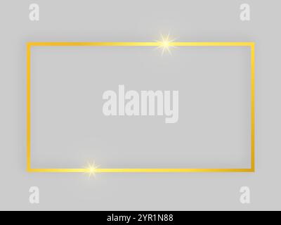 Shiny frame with glowing effects. Gold rectangular frame with shadow on grey background. Vector illustration Stock Vector