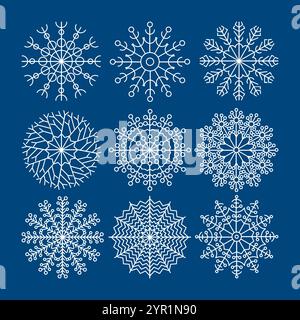 Set of nine snowflakes. Christmas and New Year decoration elements. Vector illustration. Stock Vector