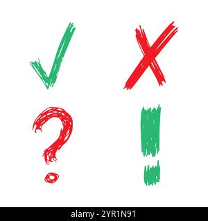 Hand drawn check, cross, question mark and exclamation mark symbols. Set of four green and red sketch symbols. Vector illustration Stock Vector